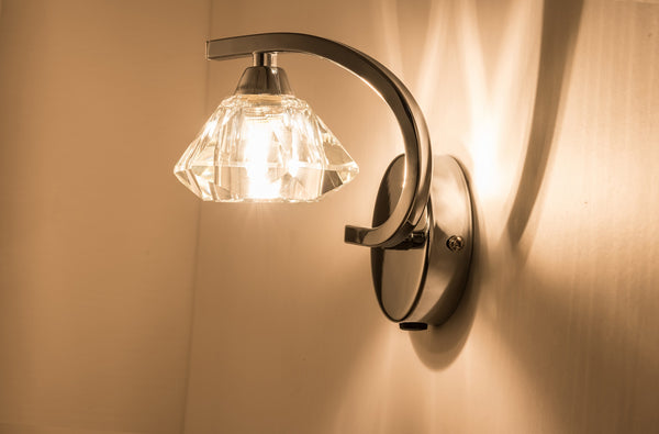 Single Left Curved Wall Light and Sconce, Clear Glass Shade, Polished Chrome Finish