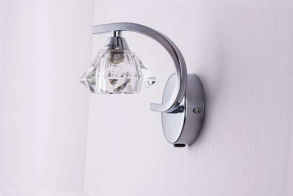 Single Left Curved Wall Light and Sconce, Clear Glass Shade, Polished Chrome Finish