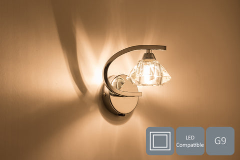 Single Right Curved Wall Light and Sconce, Clear Glass Shade, Polished Chrome Finish