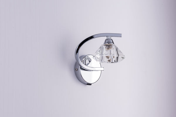 Single Right Curved Wall Light and Sconce, Clear Glass Shade, Polished Chrome Finish