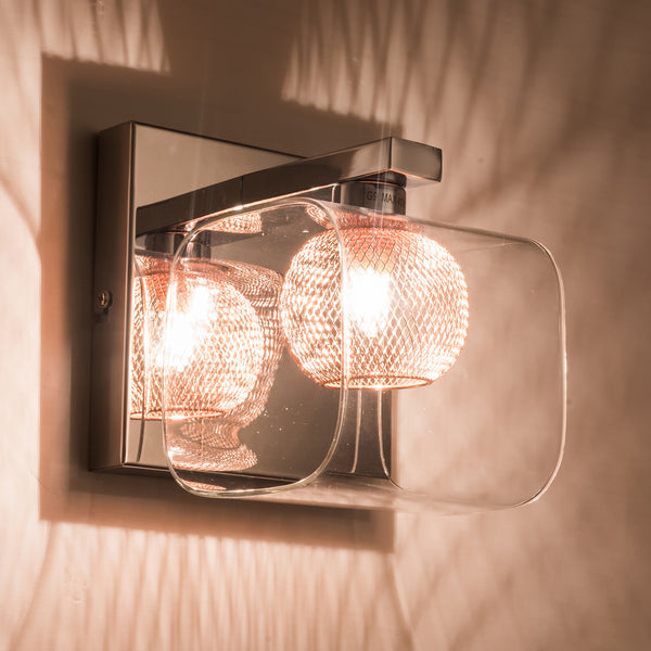 Single Wall Light, G9 Cap, Polished Chrome finish, Glass Shade and Copper mesh