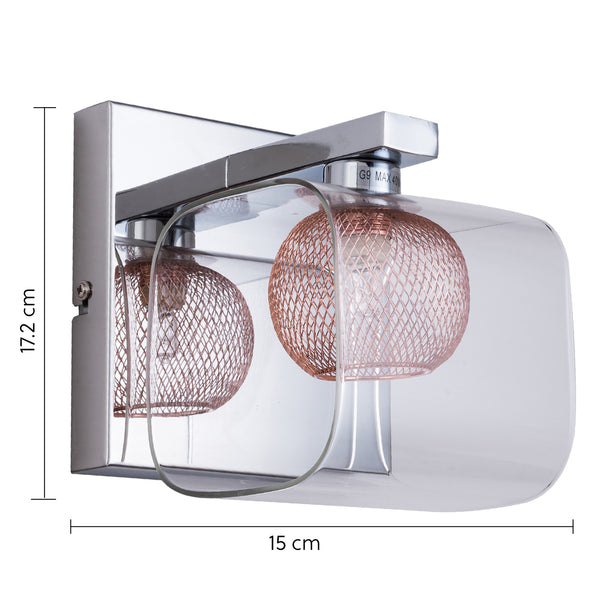 Single Wall Light, G9 Cap, Polished Chrome finish, Glass Shade and Copper mesh