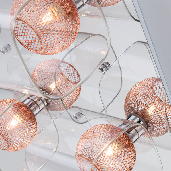 Polished Chrome Ceiling Light, Decorative Inner mesh in Copper with glass Shades