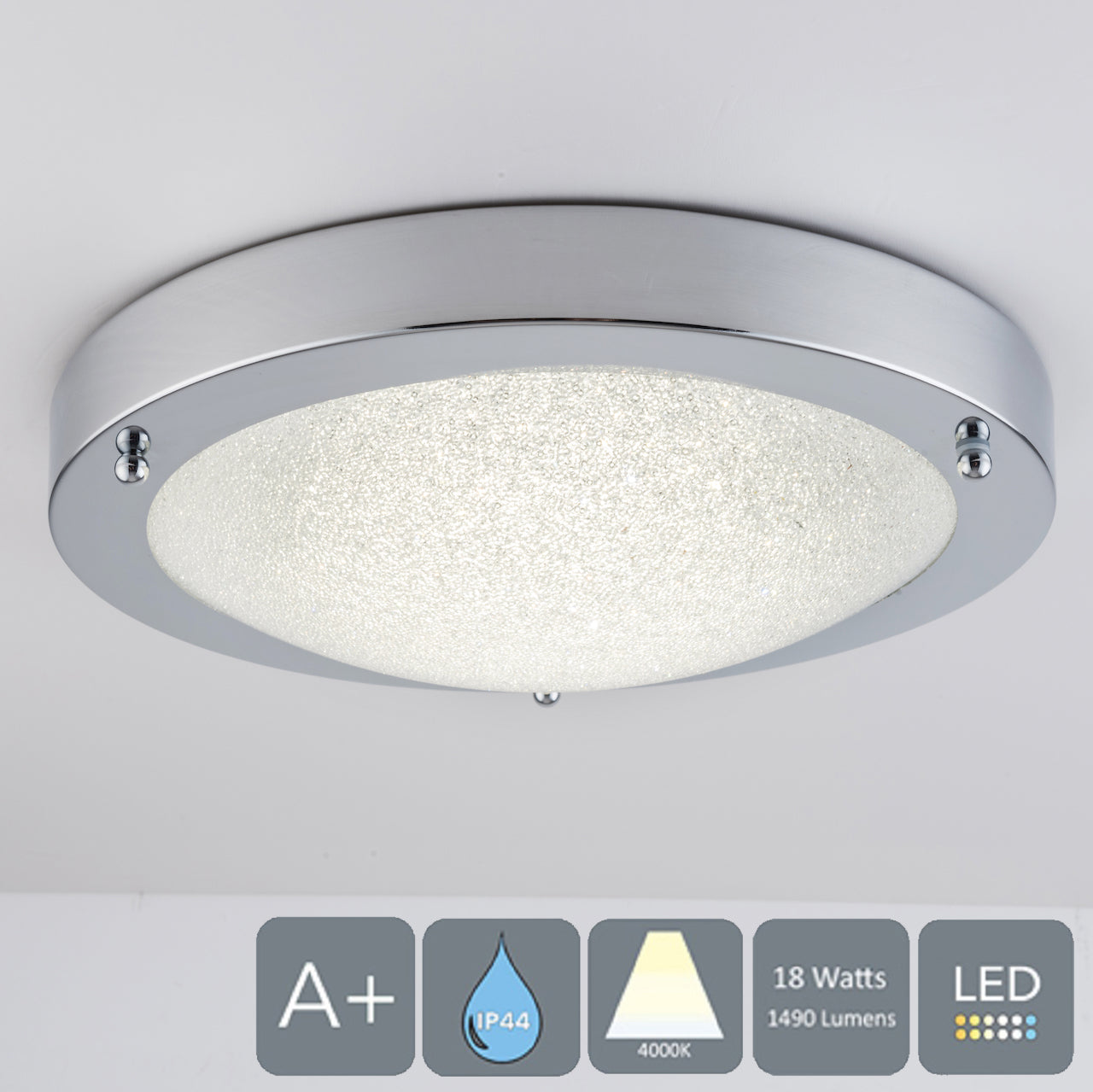 HARPER LIVING LED Semi-Flush Ceiling Light, Chrome Finish Glass Shade, 18 Watts, 1490 Lumens, Natural White (4000K) IP44, Ideal for Bathroom