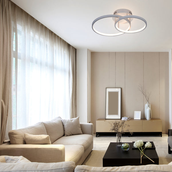 LED Ceiling Light, Double Halo Shaped, Silver Finish Dimmable, Warm White 3000K