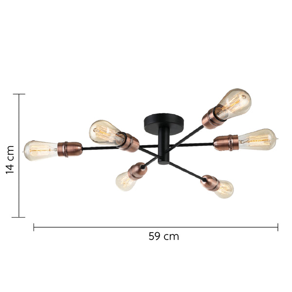 HARPER LIVING 6 Lights Ceiling Light, Black with Copper Finish, E27/ES Cap Type