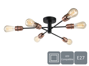 HARPER LIVING 6 Lights Ceiling Light, Black with Copper Finish, E27/ES Cap Type