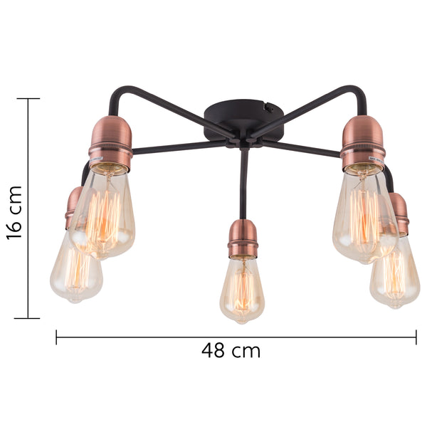 HARPER LIVING 5 Light Ceiling Light, Black with Copper, E27/ES Cap Type, Drop Arms