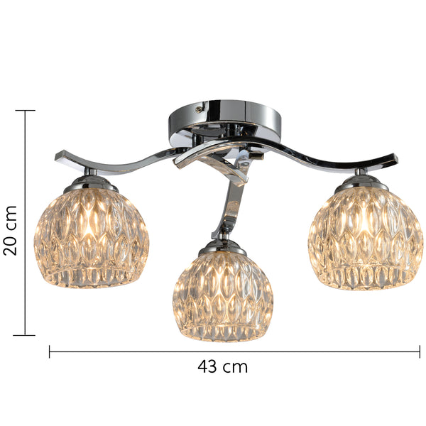 Modern 3 Light Semi-Flush Ceiling Light, G9 Cap Type, Polished Chrome Finish, Glass Shades Included, Bulbs Not Included