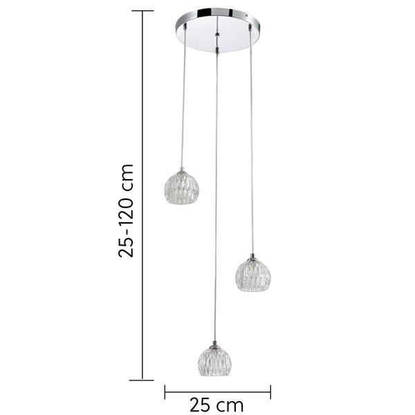 Modern 3 Light Pendant Ceiling Light, G9 Cap Type, Polished Chrome Finish, Glass Shades Included, Bulbs Not Included