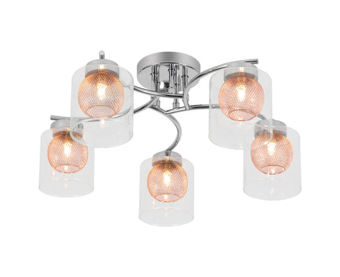 5 Light Semi-Flush Ceiling Light, Cylinder Glass Shades with Inner copper mesh