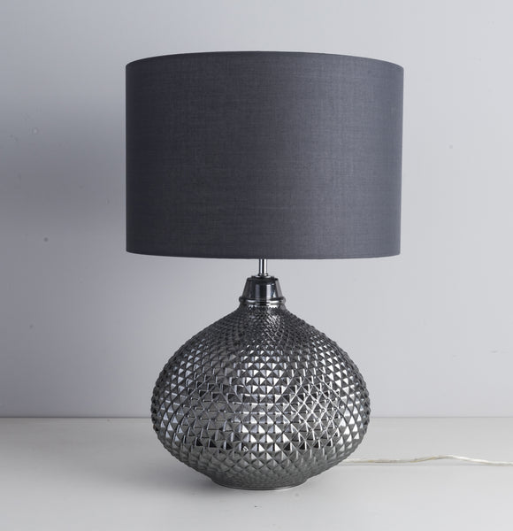 Single Table Lamp with Twin On/Off Switches, UK/EU Plug, Grey Base Glass Finish, Fabric Shade Grey Finish, Suitable for LED Upgrade