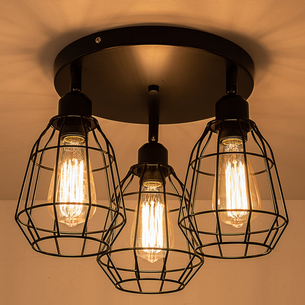 Caged Ceiling Light, 3 Lights E27 Cap, Black Vintage Finish, LED Compatible