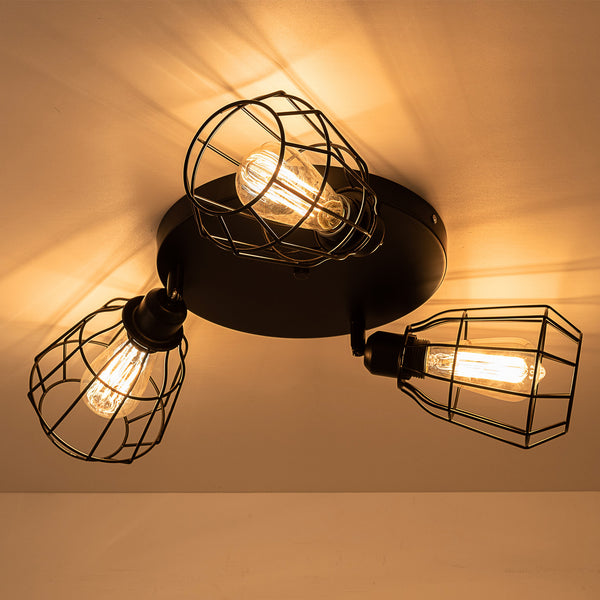 Caged Ceiling Light, 3 Lights E27 Cap, Black Vintage Finish, LED Compatible