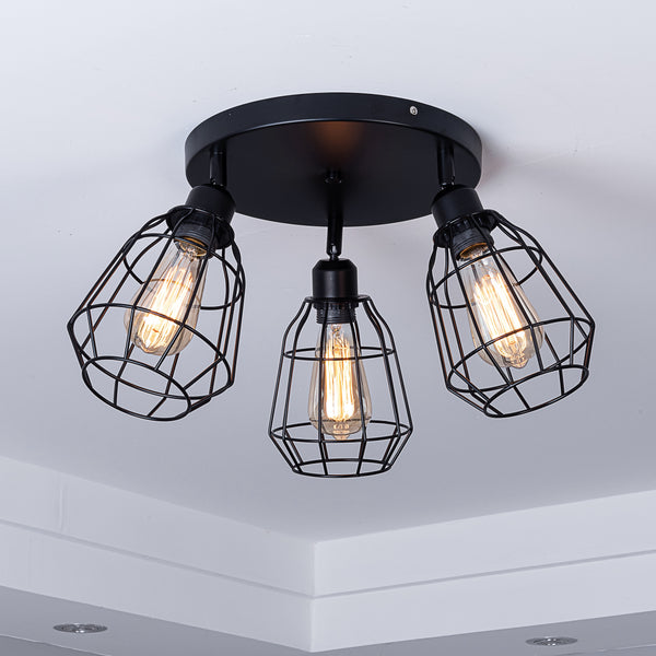 Caged Ceiling Light, 3 Lights E27 Cap, Black Vintage Finish, LED Compatible