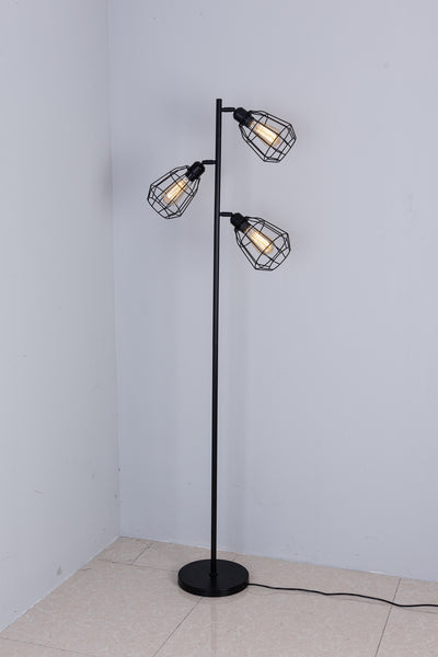 Caged Floor Lamp, 3 Lights, On/Off Switch, Black Vintage Finish, LED Compatible