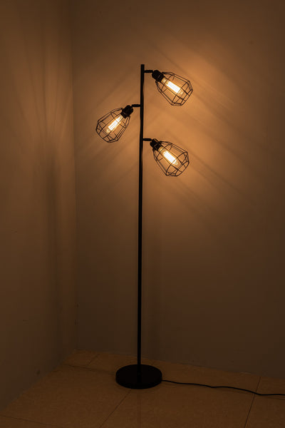 Caged Floor Lamp, 3 Lights, On/Off Switch, Black Vintage Finish, LED Compatible