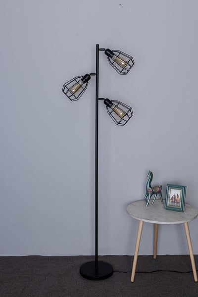 Caged Floor Lamp, 3 Lights, On/Off Switch, Black Vintage Finish, LED Compatible