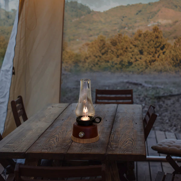 LED Rechargeable Table Lantern, Red and Black Base with Clear Glass Shade, Decorative Oil Lantern Design