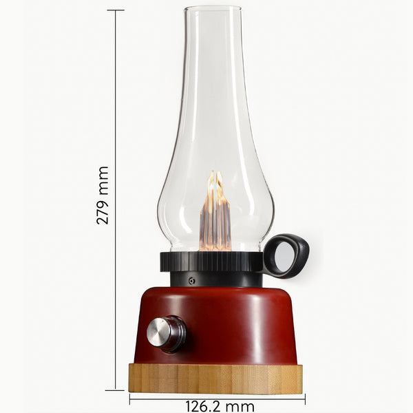 LED Rechargeable Table Lantern, Red and Black Base with Clear Glass Shade, Decorative Oil Lantern Design