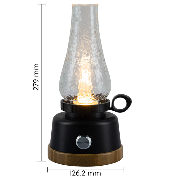 LED Rechargeable Table Lantern, Black Base with Clear Glass Shade, Decorative Oil Lantern Design