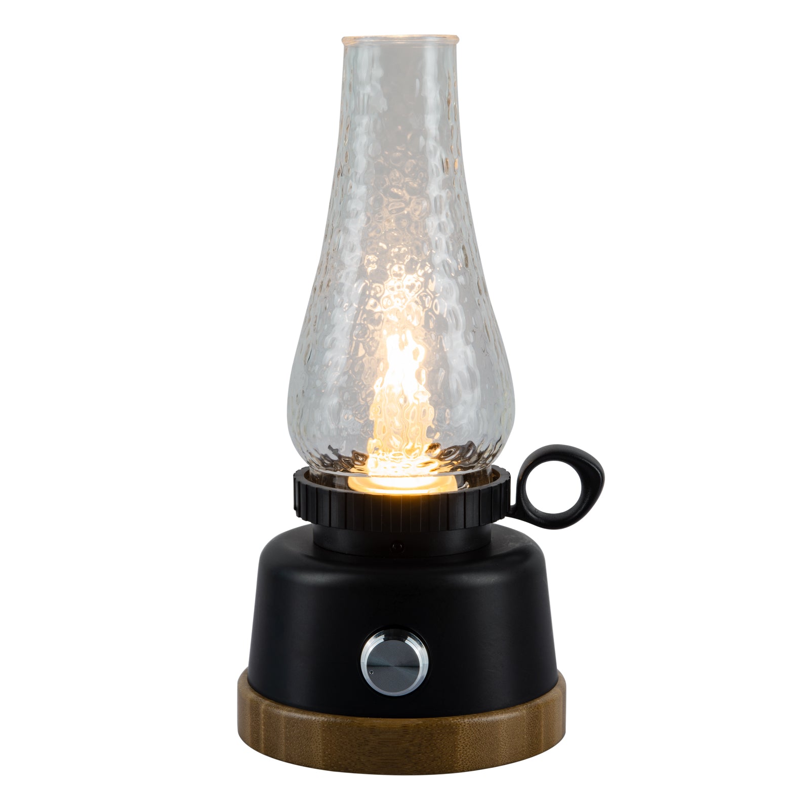 LED Rechargeable Table Lantern, Black Base with Clear Glass Shade, Decorative Oil Lantern Design