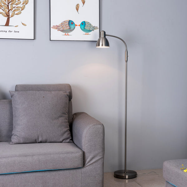 Adjustable Gooseneck Floor Lamp, Bowl Shade, On/Off Switch, ECP Plug, Reading Light, Satin Nickel Finish, E14 Bulb Cap