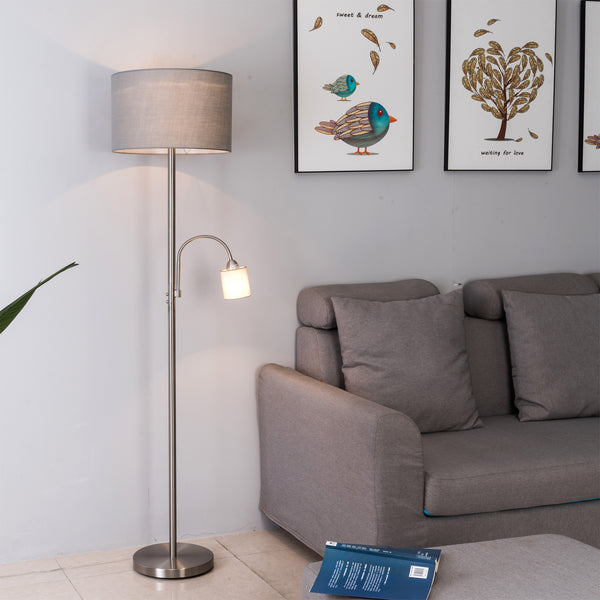 Floor Lamp Mother And Child Design On/Off Switch, ECP Plug, Satin Nickel Finish, Drum Fabric Shades Grey Finish, E27 Bulb Cap, 60 Watts Max (Mother), E14 Bulb Cap, 25 Watts Maximum (Child)