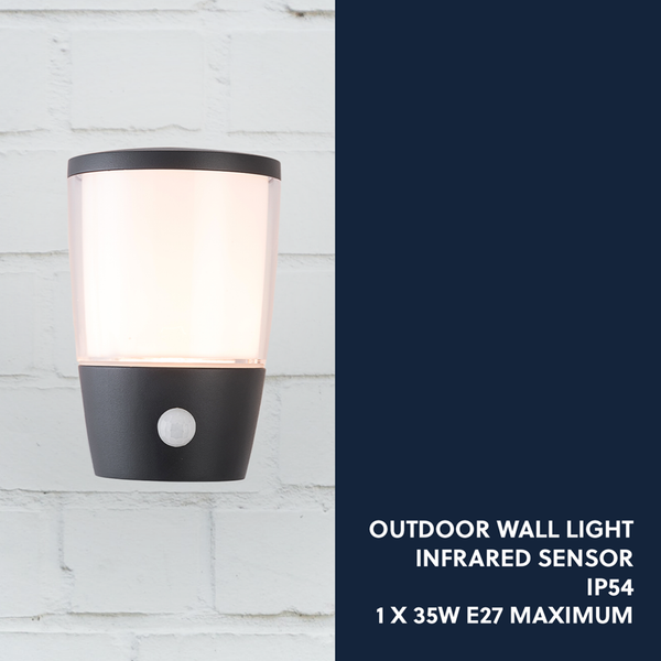 Outdoor Wall Light Grey finish with PIR Infrared Sensor IP54 Aluminium Exterior Weatherproof Warm White Light, Ideal for Garden, Front/Back Door, Balcony