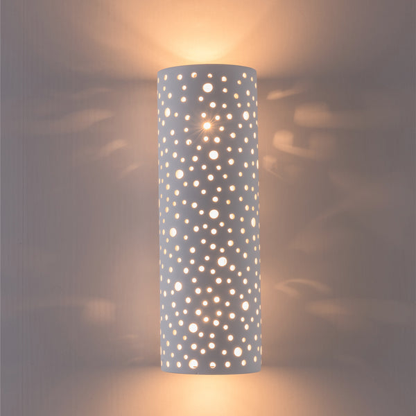 Perforated Up/Down Ceramic Wall Light, Cylinder Shade, 2xE14 Bulb Cap 40 Watts Maximum Each, White finish