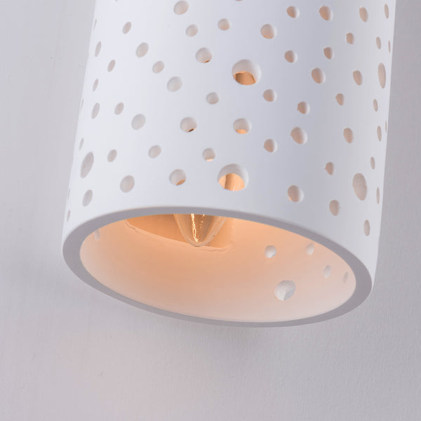 Perforated Up/Down Ceramic Wall Light, Cylinder Shade, 2xE14 Bulb Cap 40 Watts Maximum Each, White finish