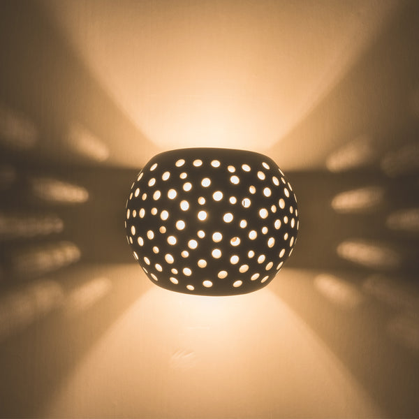 Perforated Up/Down Ceramic Wall Light, Open Sphere Shade, 1xG9 Bulb Cap 25 Watts Maximum, White finish