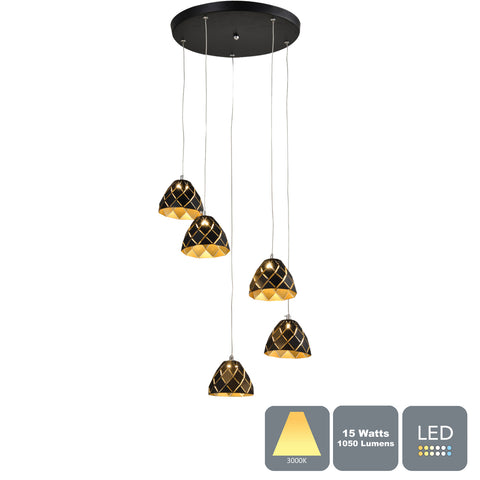 Modern LED Pendant Black and Gold Finish with Metal Shades, 5 Lights, RRP: £135