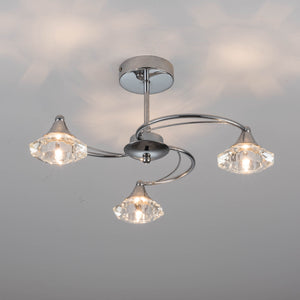 3 Light Semi-Flush Ceiling Light, Polished Chrome Finish, Clear Glass Shades, G9 Bulb Cap