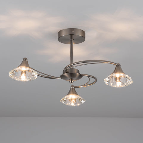 3 Light Semi-Flush Ceiling Light, Satin Nickel Finish, Clear Glass Shades, G9 Bulb Cap