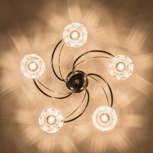 5 Light Semi-Flush Ceiling Light, Polished Chrome Finish, Clear Glass Shades, G9 Bulb Cap