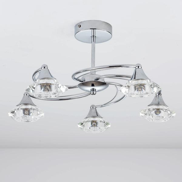 5 Light Semi-Flush Ceiling Light, Polished Chrome Finish, Clear Glass Shades, G9 Bulb Cap