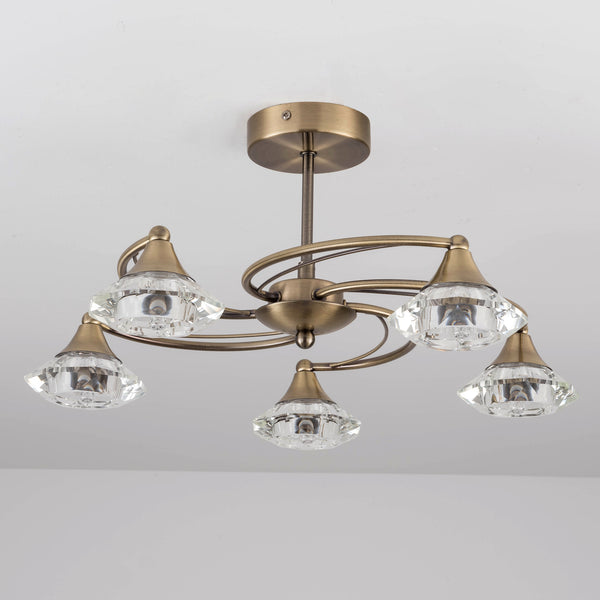 5 Light Semi-Flush Ceiling Light, Antique Brass Finish, Clear Glass Shades, G9 Bulb Cap