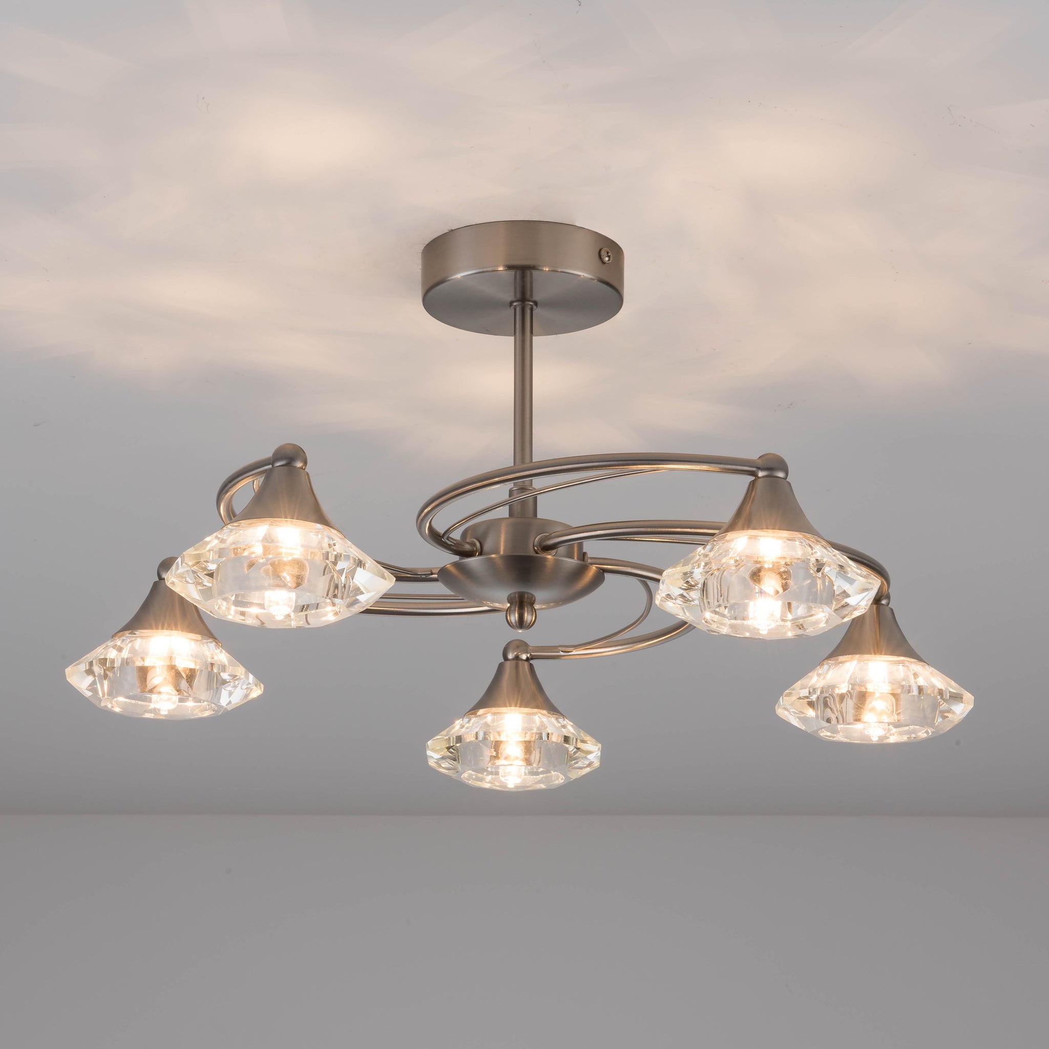 5 Light Semi-Flush Ceiling Light, Satin Nickel Finish, Clear Glass Shades, G9 Bulb Cap