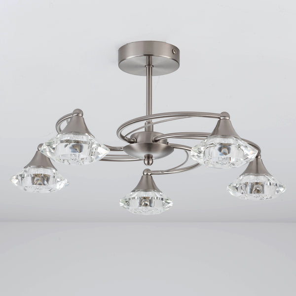 5 Light Semi-Flush Ceiling Light, Satin Nickel Finish, Clear Glass Shades, G9 Bulb Cap