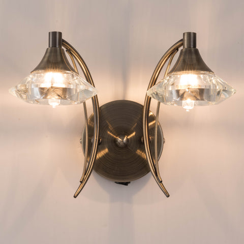 Double Wall Light and Sconce, Antique Brass Finish, Clear Glass Shades, G9 Bulb Cap