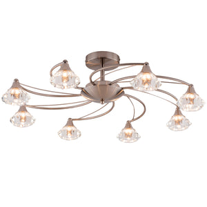 8 Light Semi-Flush Ceiling Light, Satin Nickel Finish, Clear Glass Shades