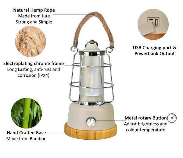 HARPER LIVING Rechargeable Camping LED Retro Water Resistant Lantern White Finish, 6 Watts 370 Lumen, Long Life Battery Powered, Dimmable and Colour Changing, Rope Handle