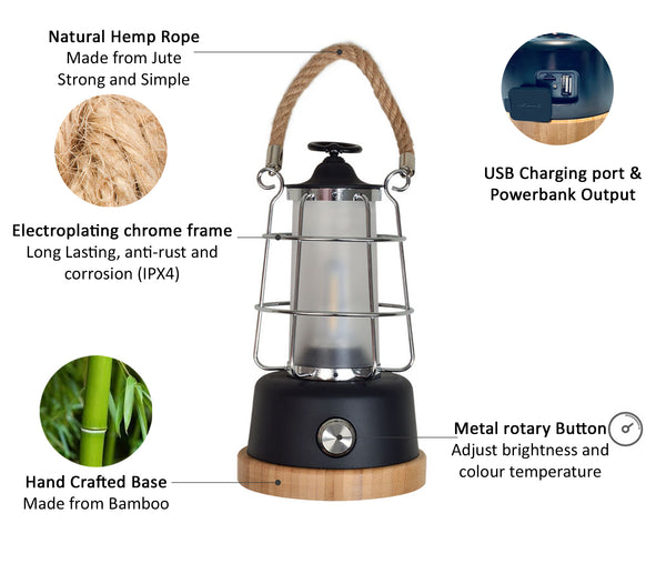 HARPER LIVING Rechargeable Camping LED Retro Water Resistant Lantern, 6 Watts 370 Lumen, Long Life Battery Powered, Dimmable and Colour Changing, Rope Handle